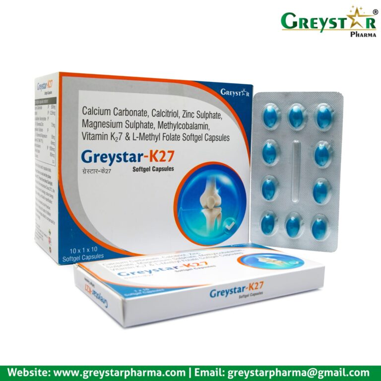 Greystar K27 CALCIUM CARBONATE 500MG , CALCITRIOL 0.25MCG, ZINC SULPHATE 7.5MG, MAGNESIUM SULPHATE 50MG, METHYLCOBALAMIN 1500MCG, VITAMIN K2 7 & L-METHYL FOLATE 800MCG SOFTGEL CAP
