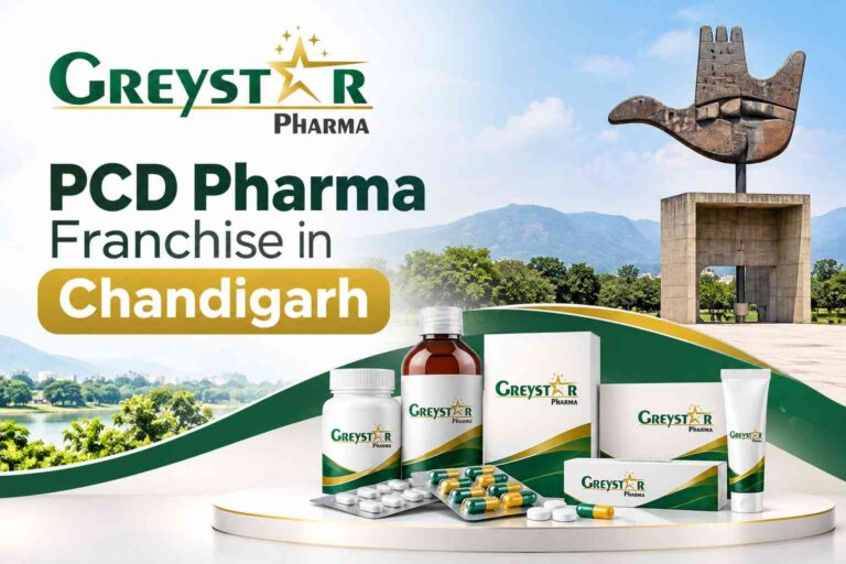 Pharmaceutical product packages displayed on a platform with Chandigarh’s Open Hand Monument and green landscape in the background.
