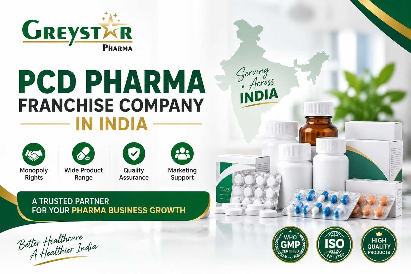 Pharmaceutical product boxes, bottles, blister packs and tablets displayed beside a map of India with the Greystar Pharma logo.