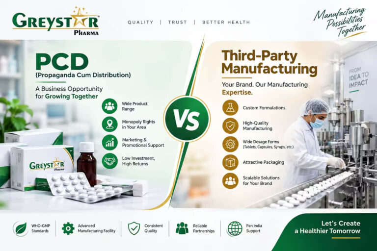 Greystar Pharma PCD vs Third-Party Manufacturing comparison highlighting pharma franchise benefits and manufacturing services