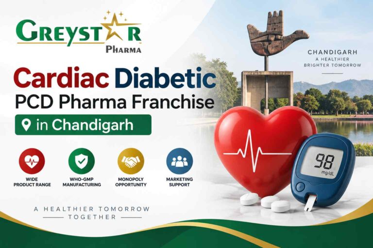 Greystar Pharma banner featuring a heart, blood glucose meter, and Chandigarh Open Hand Monument representing cardiac and diabetic healthcare services