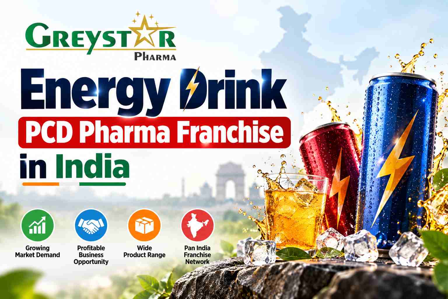Greystar Pharma promotional banner featuring energy drink cans with ice and a refreshing beverage for franchise opportunities in India.