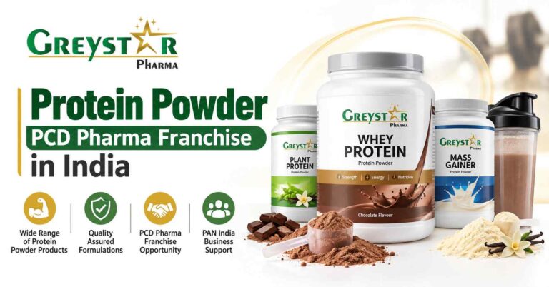 Greystar Pharma protein powder products displayed with protein scoops and a shaker on a clean white background.