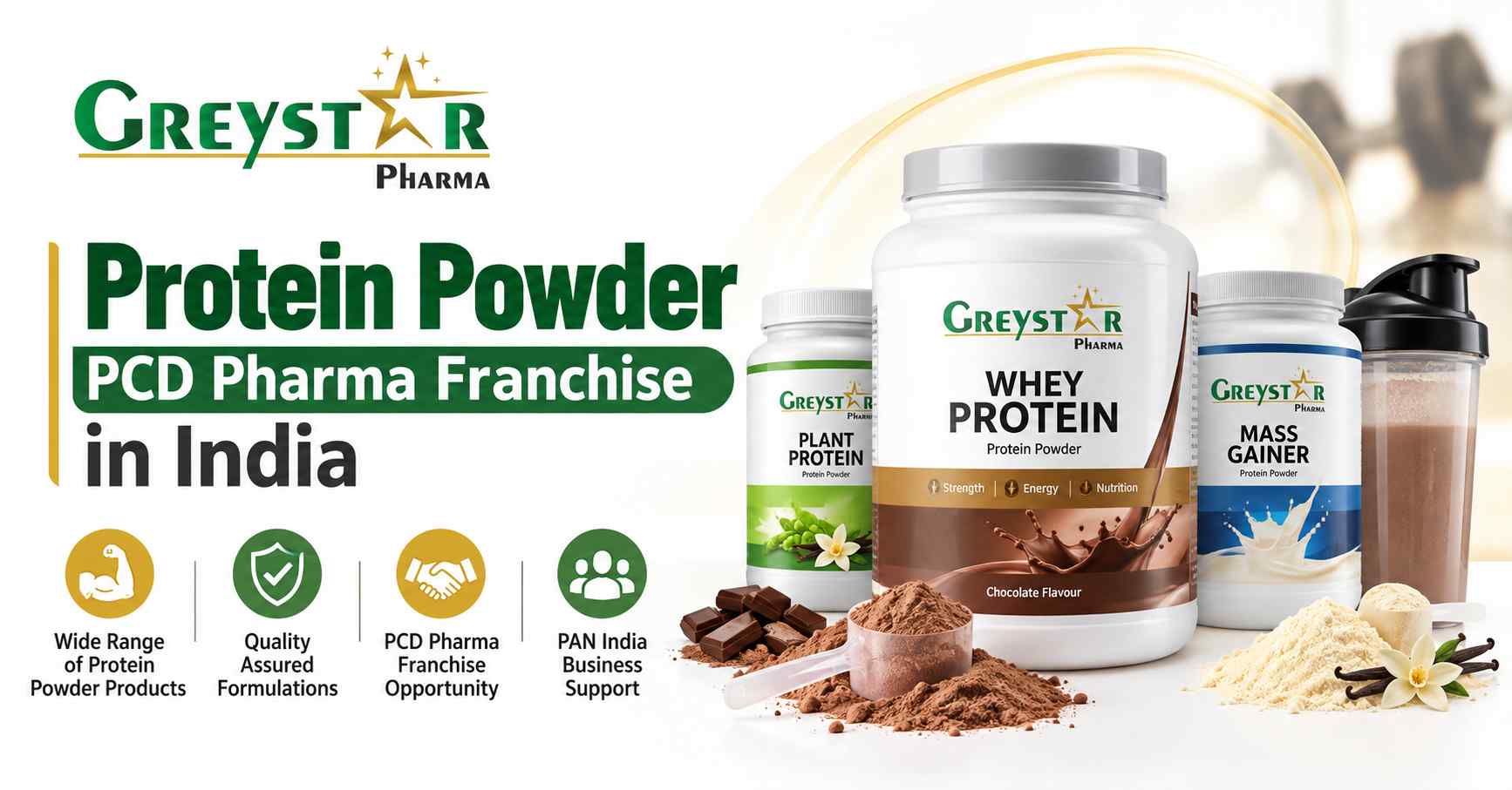 Greystar Pharma protein powder products displayed with protein scoops and a shaker on a clean white background.