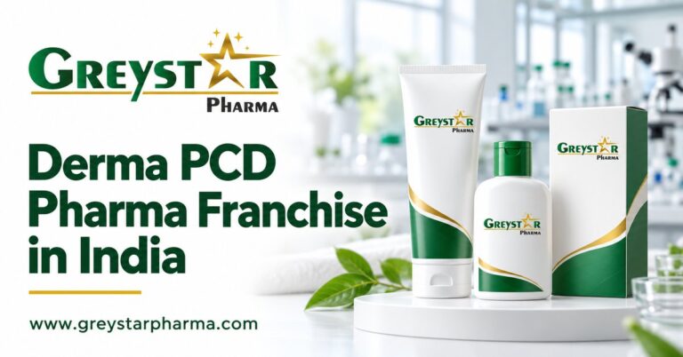 Greystar Pharma banner featuring dermatology products with green and gold branding.