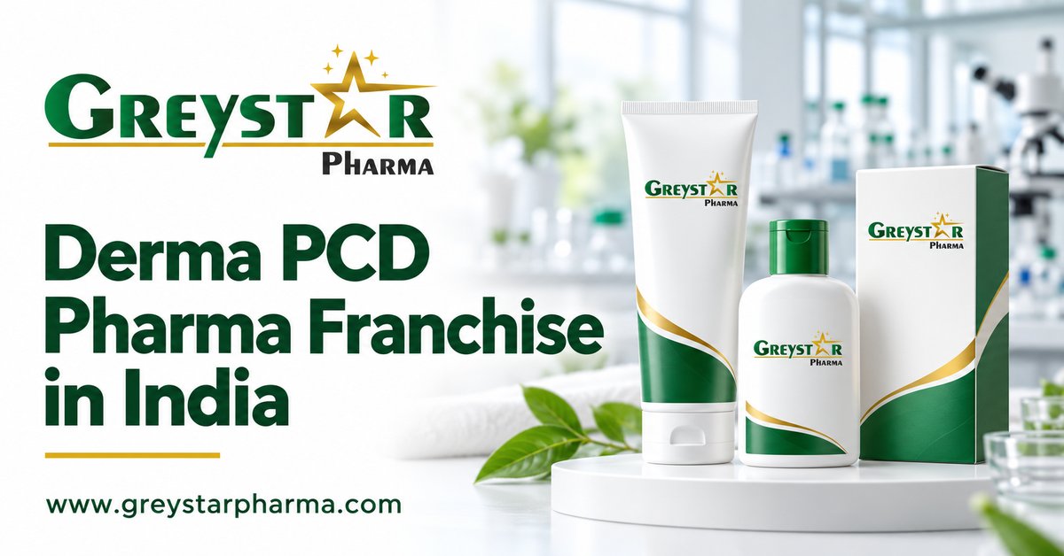 Greystar Pharma banner featuring dermatology products with green and gold branding.