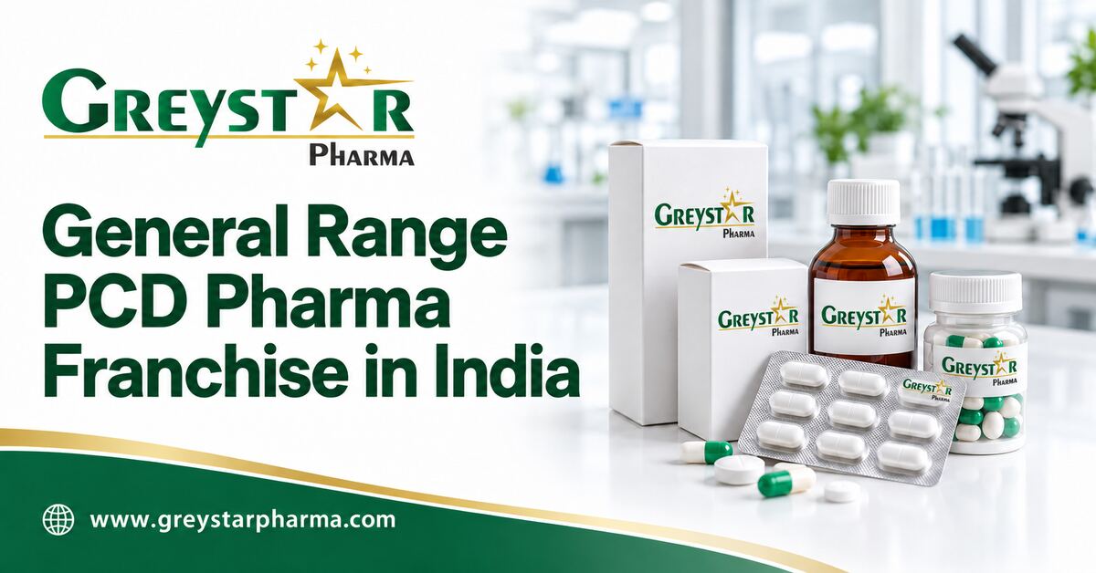 Greystar Pharma branded medicine boxes, bottles and tablet blister pack against a laboratory background.