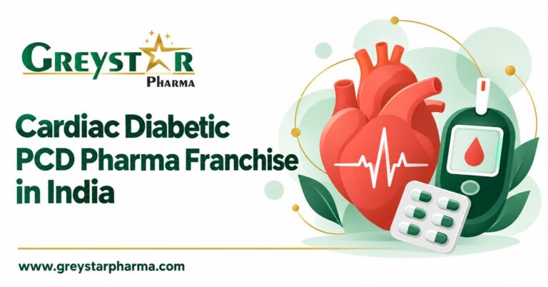 Greystar Pharma cardiac diabetic franchise banner with illustrated heart, glucose meter and medicine blister pack.