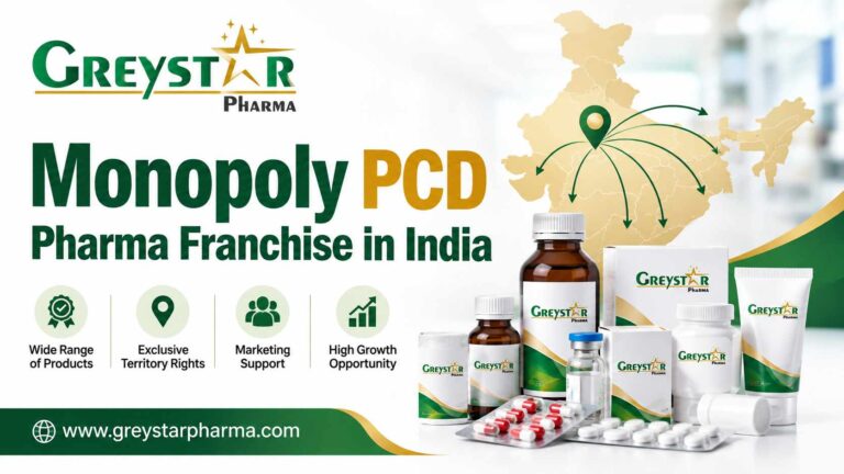 Greystar Pharma banner featuring pharmaceutical products, an India map, and information about monopoly PCD franchise opportunities.