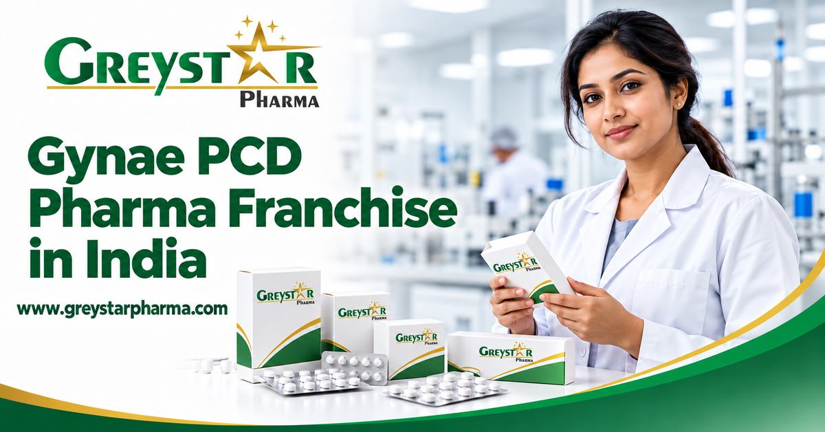 Greystar Pharma banner featuring a woman in a laboratory, medicine packaging and the headline “Gynae PCD Pharma Franchise in India.